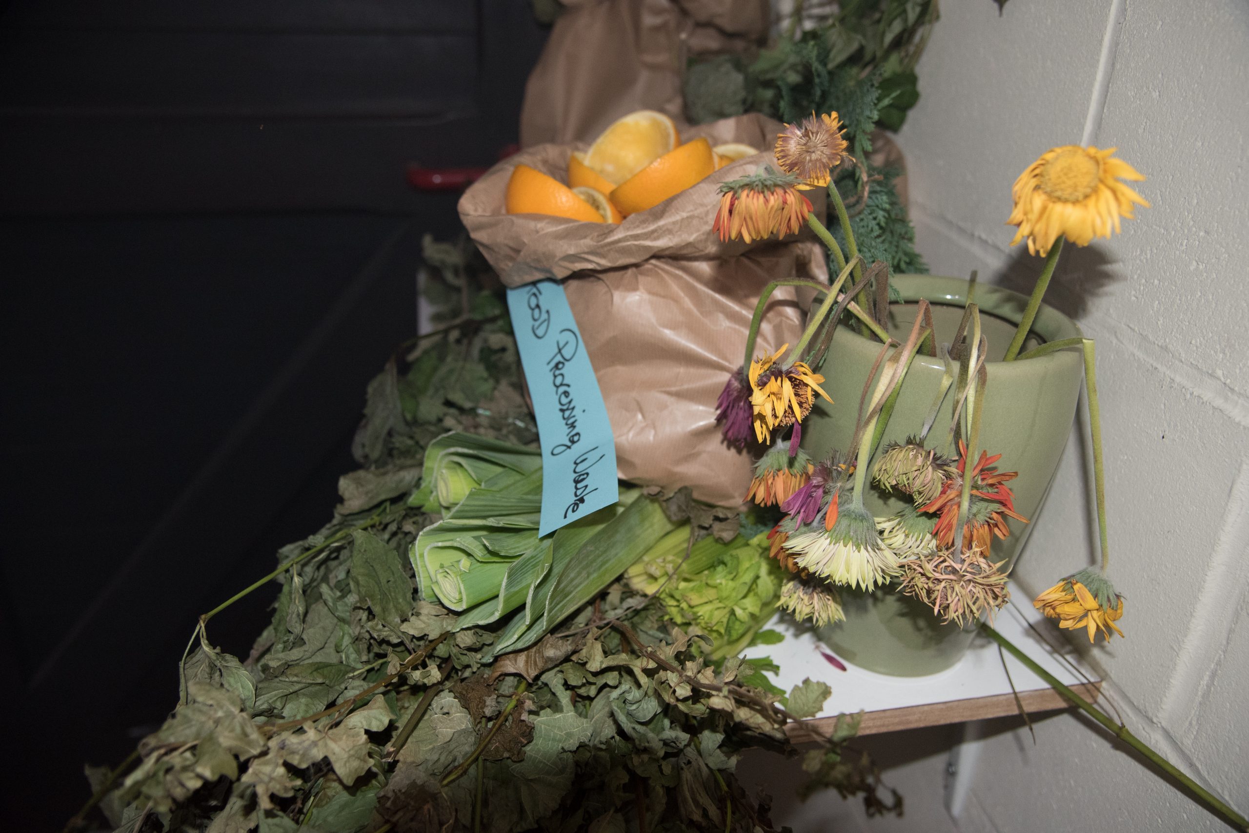 Picture showing orange peels, drying leeks and limp flowers